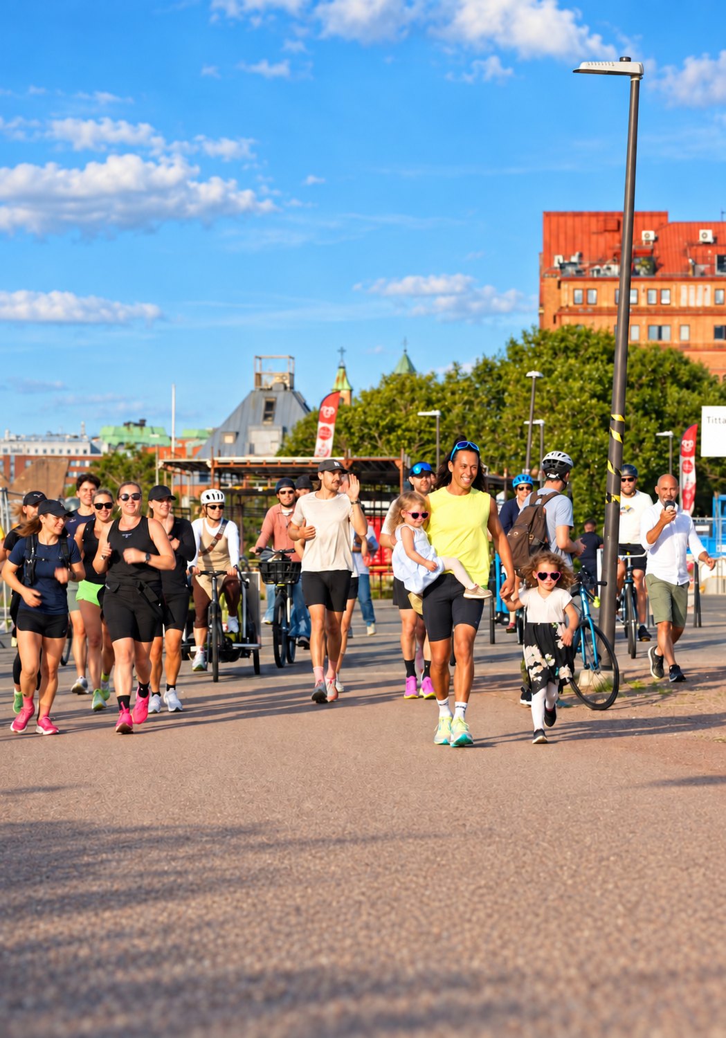 A group running through Gothenburg on a summer evening, children and bikes among them