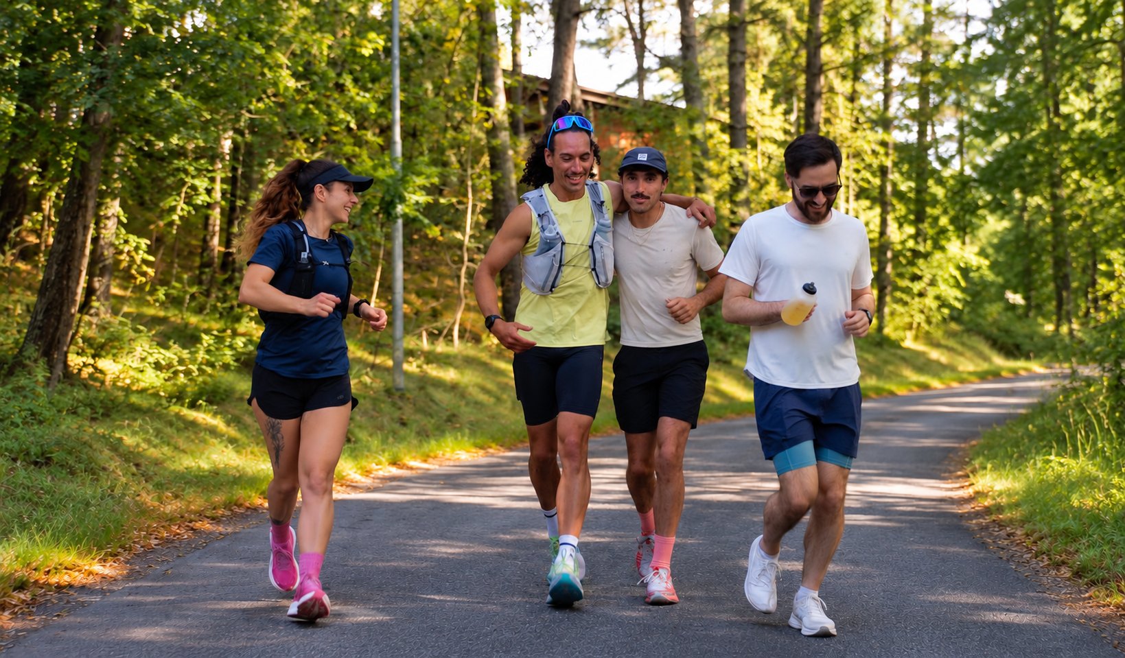 Florian running on a forest road with three people, side by side