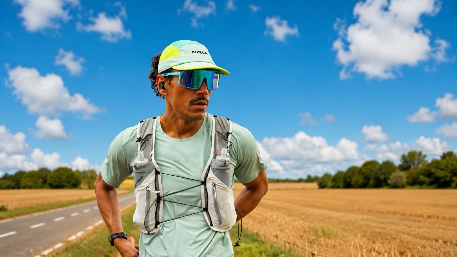 Florian in a running vest and cap under a wide blue sky