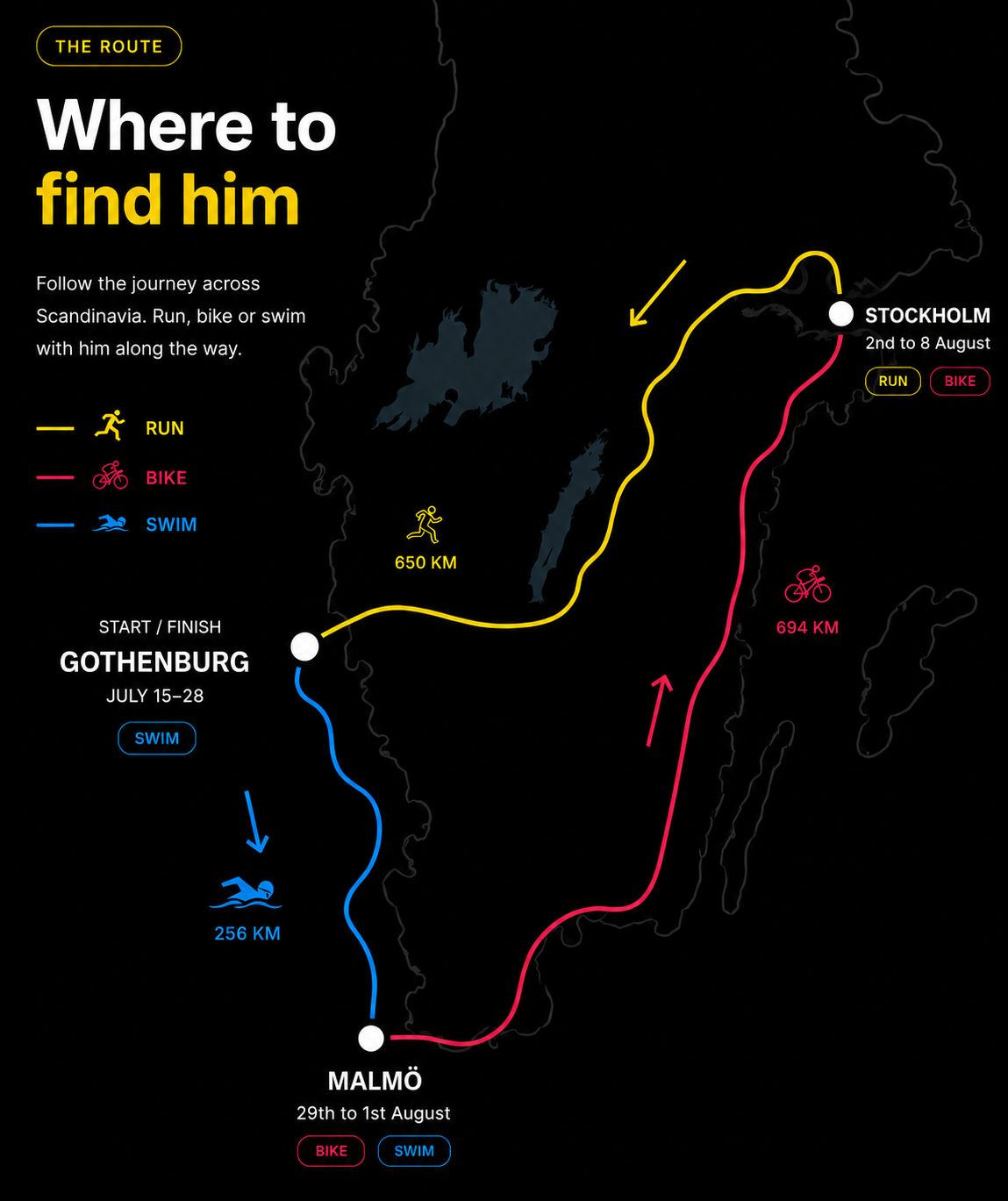 Nordic Challenge route map across Sweden — swim, bike, run